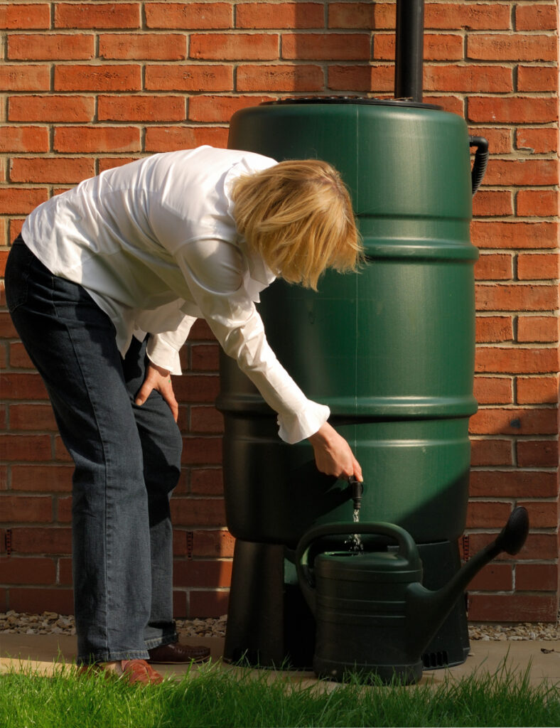 Lady fills a watering can from a water butt